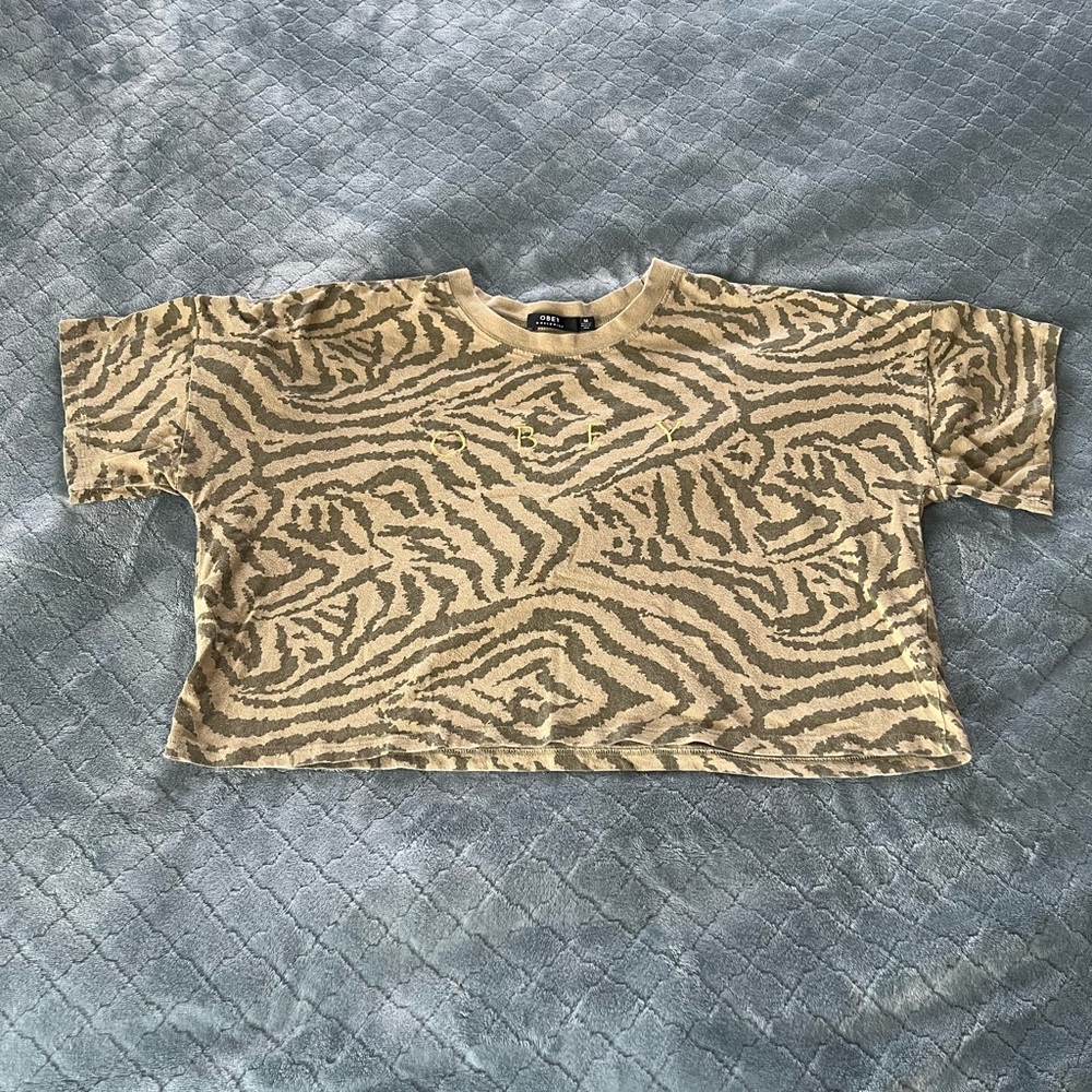 Obey Worldwide Womens Zebra Print Cropped T-Shirt Green Brown Embroidered Logo M